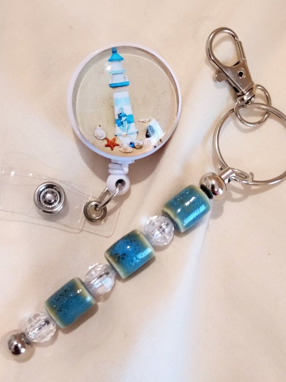 Lighthouse Themed Badge Reel with Hand Beaded Keychain – 3-in-1 Fidget Accessory
